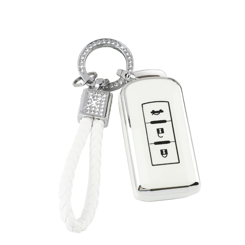 Pifoog Key Fob Cover For Mitsubishi Lancer Outlander Mirage Accessories Soft Tpu 3 Buttons Smart Keys Case Shell Protector Glitter Keychain Girl Women White Silver