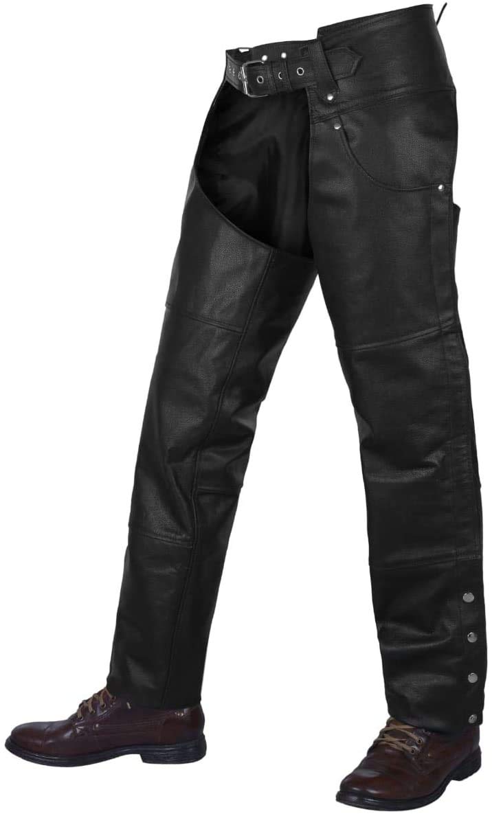 Alpha Cycle Vintage Black Cowboy Chaps - Leather Motorcycle Riding Pants For Men And Women - Motorcycle Overpants Mens - Adjusta
