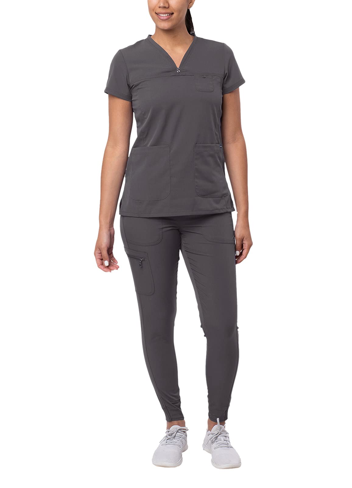 Adar Pro Movement Booster Scrub Set For Women - Sweetheart V-Neck Scrub Top  Yoga Jogger Scrub Pants - P9400 - Pewter - Xl