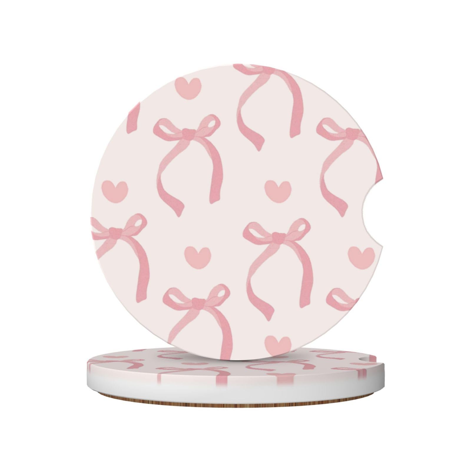 Pink Bow Love Heart Car Cup Holder Coaster 2 Pack Absorbent Ceramic Car Coasters For Cup Holders Car Accessories Interior For Wo