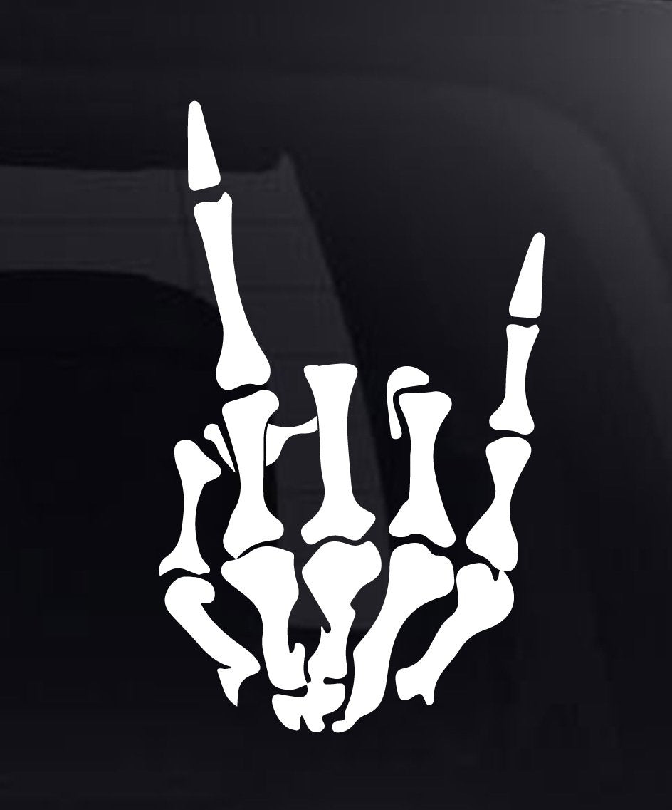 Rock On Skeleton Hand Rock and Roll Horns Up Vinyl Decal Sticker for Car SUV Truck (8.5, White)