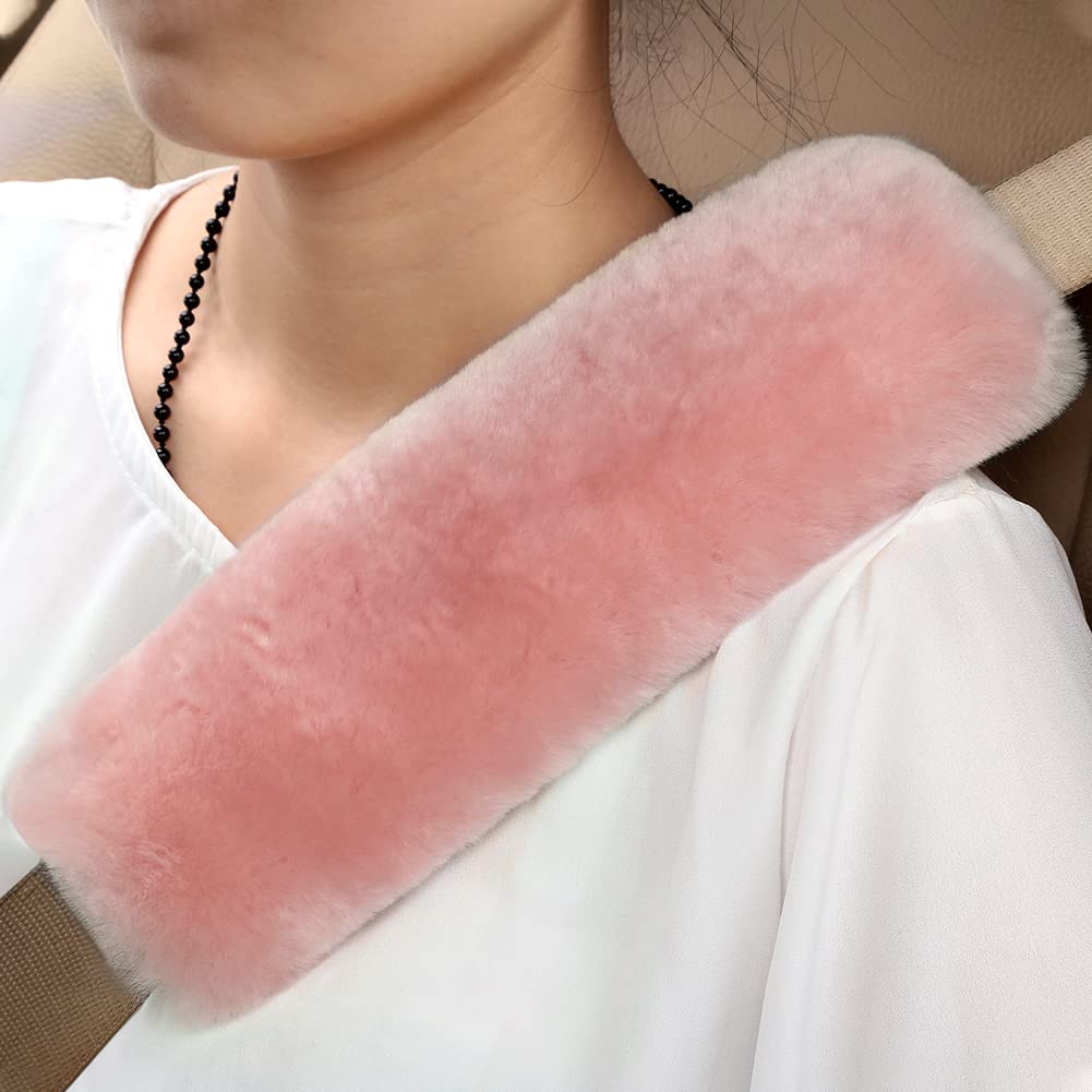 Ogland Genuine Sheepskin Soft Fuzzy Car Seat Belt Pad,2 Pack Fluffy Seat Belt Cover For Shoulder Pad Neck Cushion Protector Car 