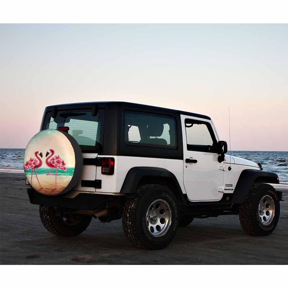 MIYASANG 2 Flamingos on the Beach Spare Tire Cover Flower Pink Bird Exotic Love Elegant Stand Weatherproof Universal Wheel Prote