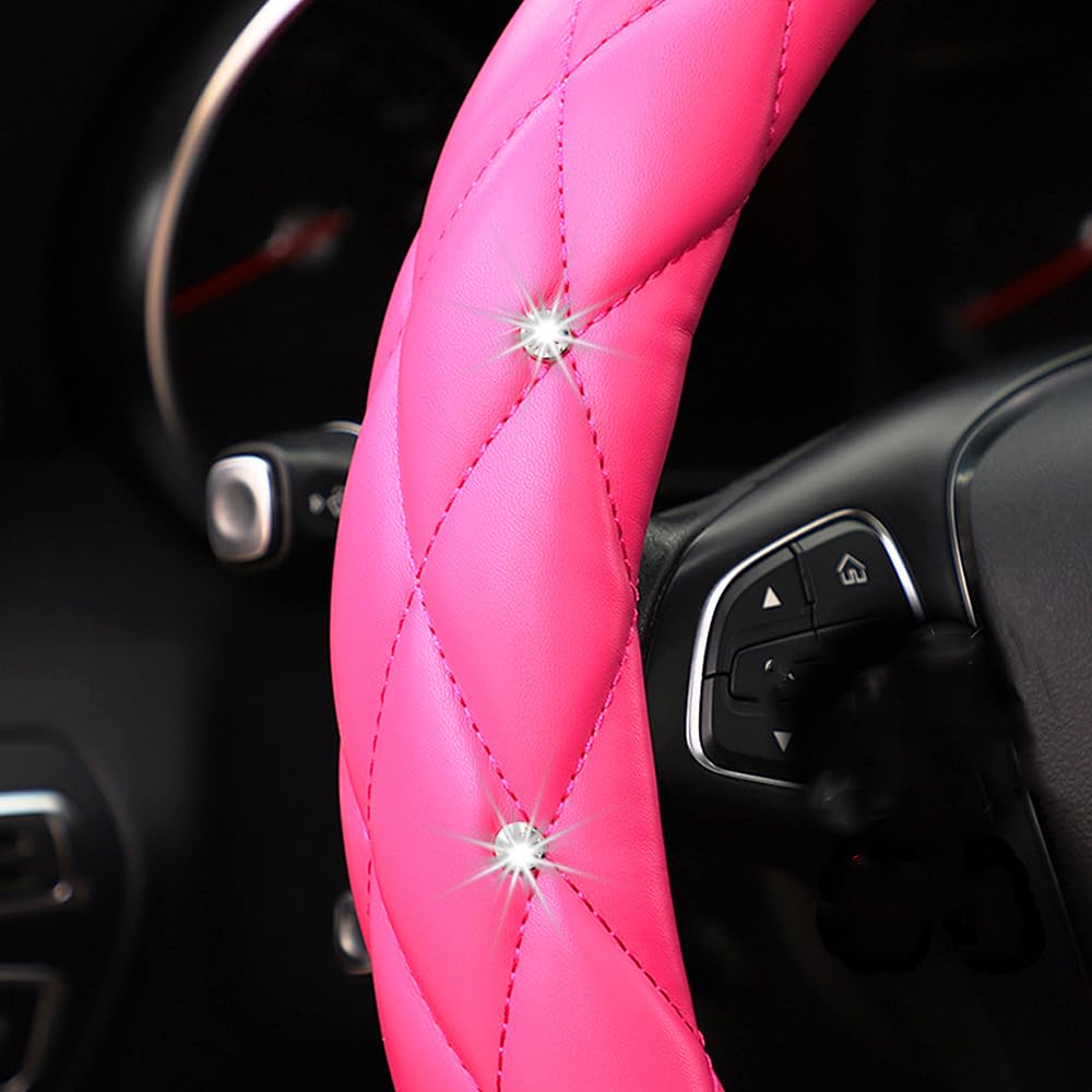 Yogurtck Cute Diamond Soft Leather Anti-Slip Steering Wheel Cover With Bling Bling Crystal Rhinestones, Universal 15 Inch For Wo