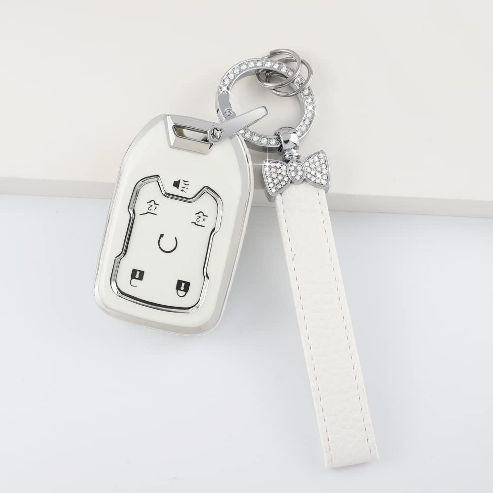 1797 Key Fob Cover For Chevy Chevrolet Tahoe Suburban Gmc Yukon Accessories Bling Car Remote Key Chain Case Shell Protector 6 Button Women Men White Silver Tpu