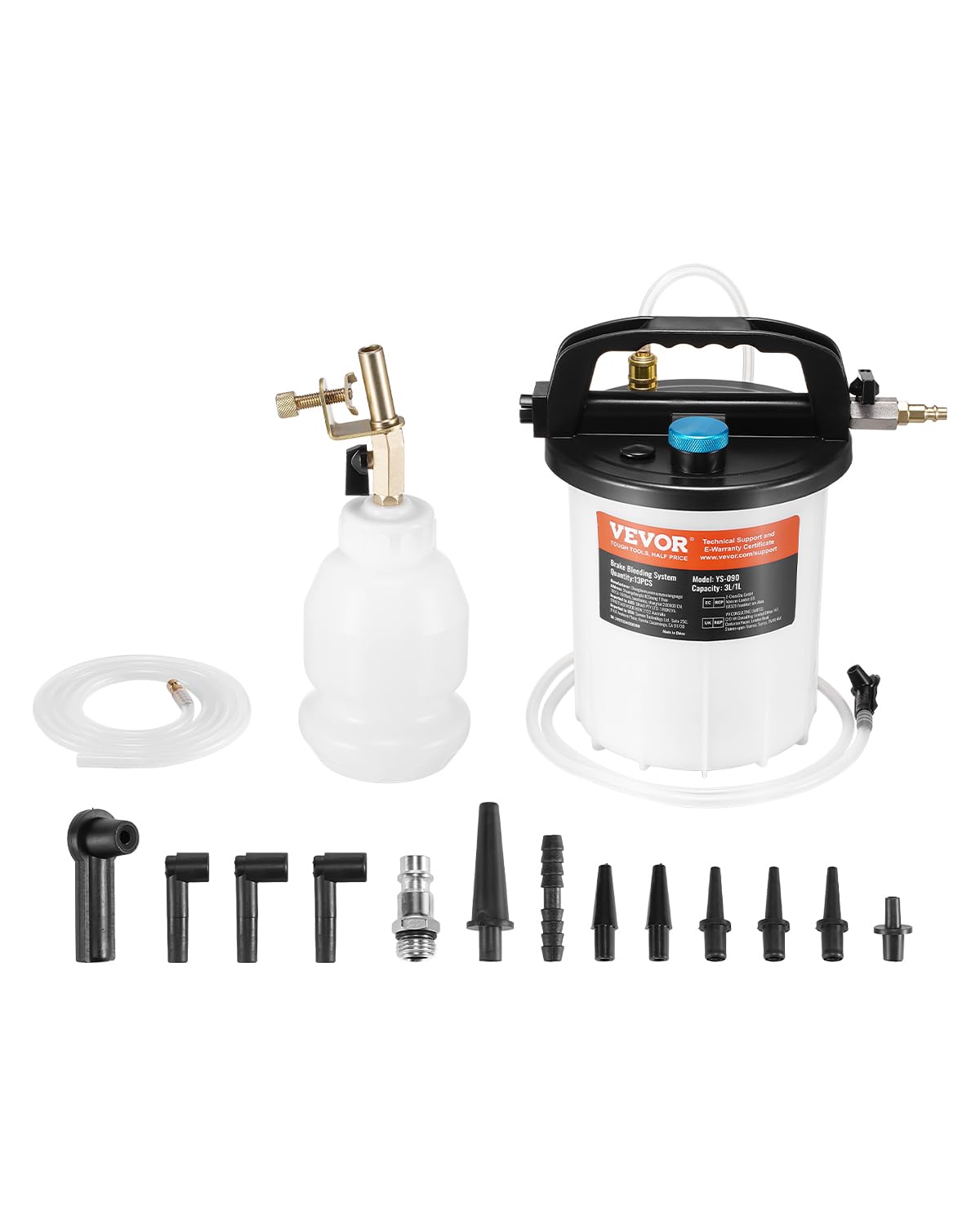 VEVOR Brake Bleeder Kit, 3L Brake Fluid Extractor with 1L Siphon Refilling Bottle & 13 Hose Connectors, Complete Brake Fluid Ble