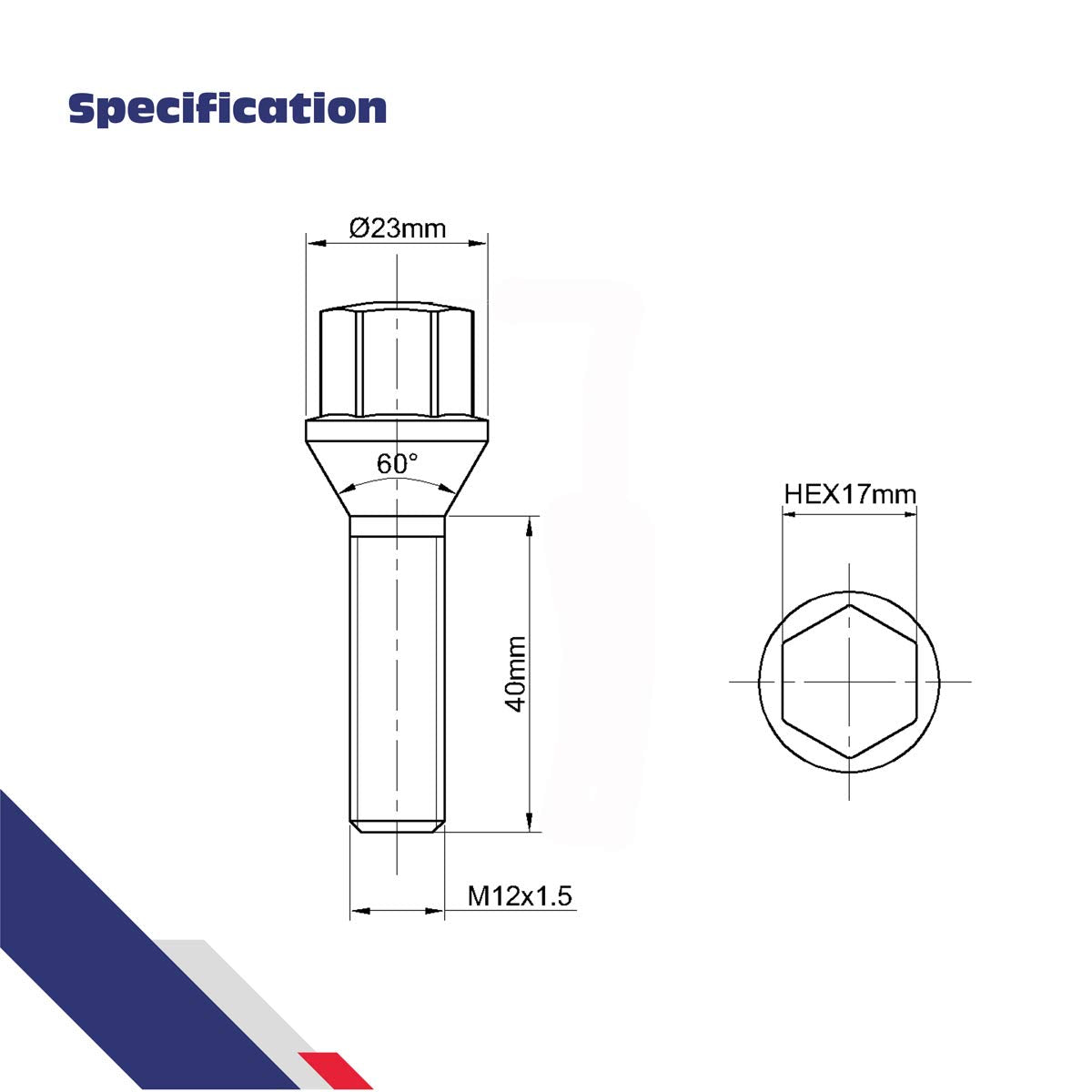12X1.5Mm Tuner Lug Bolts, Ksp Conical Seat Extended 40Mm Shank 17Mm Hex For Aftermarket Wheels, 5Pcs Black