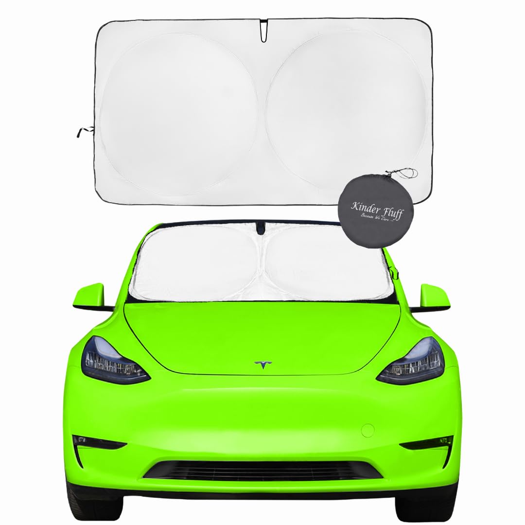 Kinder Fluff Patented Windshield Sun Shade For Teslas 3 & Y | Oxford Cloth Foldable Car Sun Shield | Thicker Window Shades For T