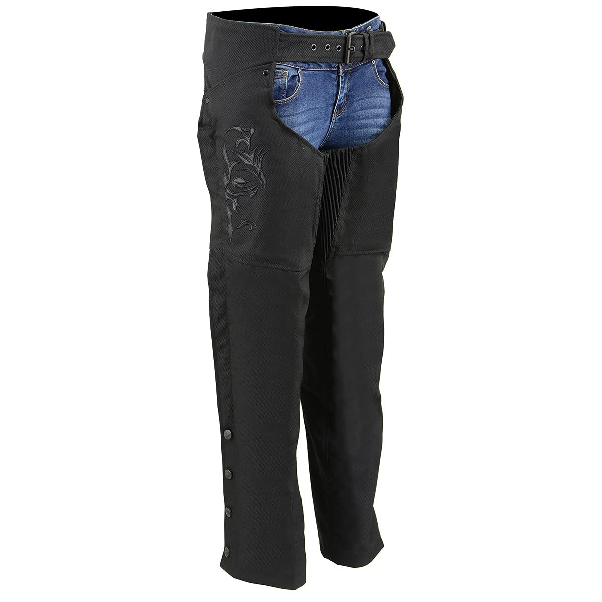 Milwaukee Leather SH1182 Womens Black Textile Motorcycle Riding Chaps with Tribal Embroidery  Medium