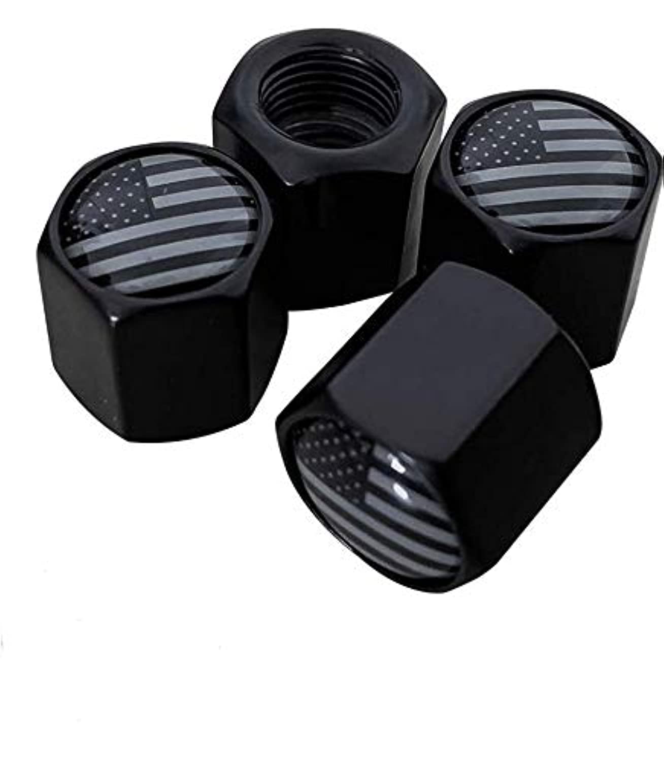 Tactilian American Flag Tire Valve Stem Caps 4 Pack | Black Subdued Aluminum With Rubber O-Ring Air Leakproof Valve Caps Cover F