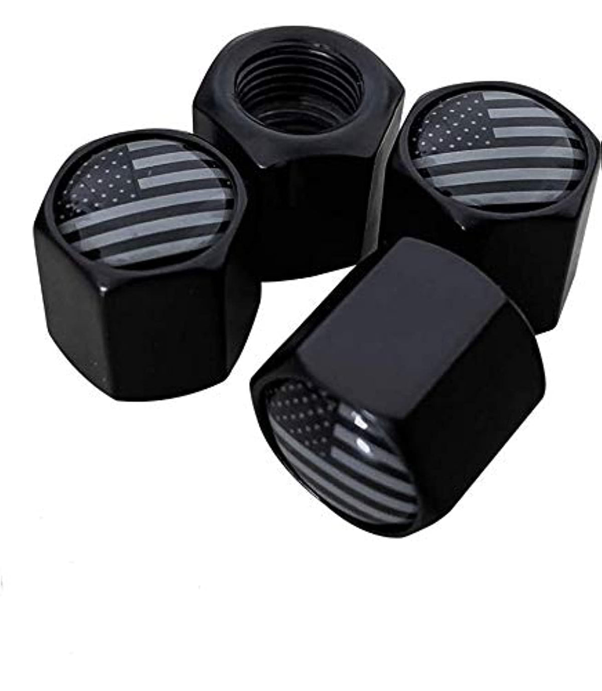 Tactilian American Flag Tire Valve Stem Caps 4 Pack | Black Subdued Aluminum With Rubber O-Ring Air Leakproof Valve Caps Cover F