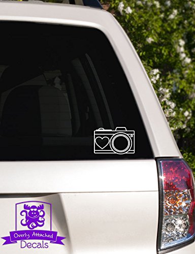 Camera With Heart Car Decal - 6 '' White