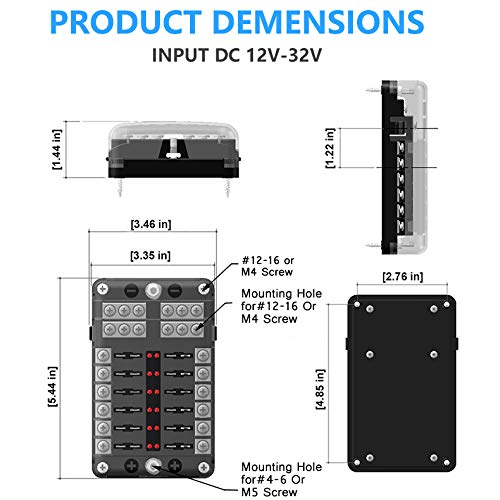 12 Way 12V Fuse Box 12Volt Blade Fuse Block, 12 Circuit W/Negative Bus Waterproof Fuse Box With Led Indicator For 12V/24V Automo