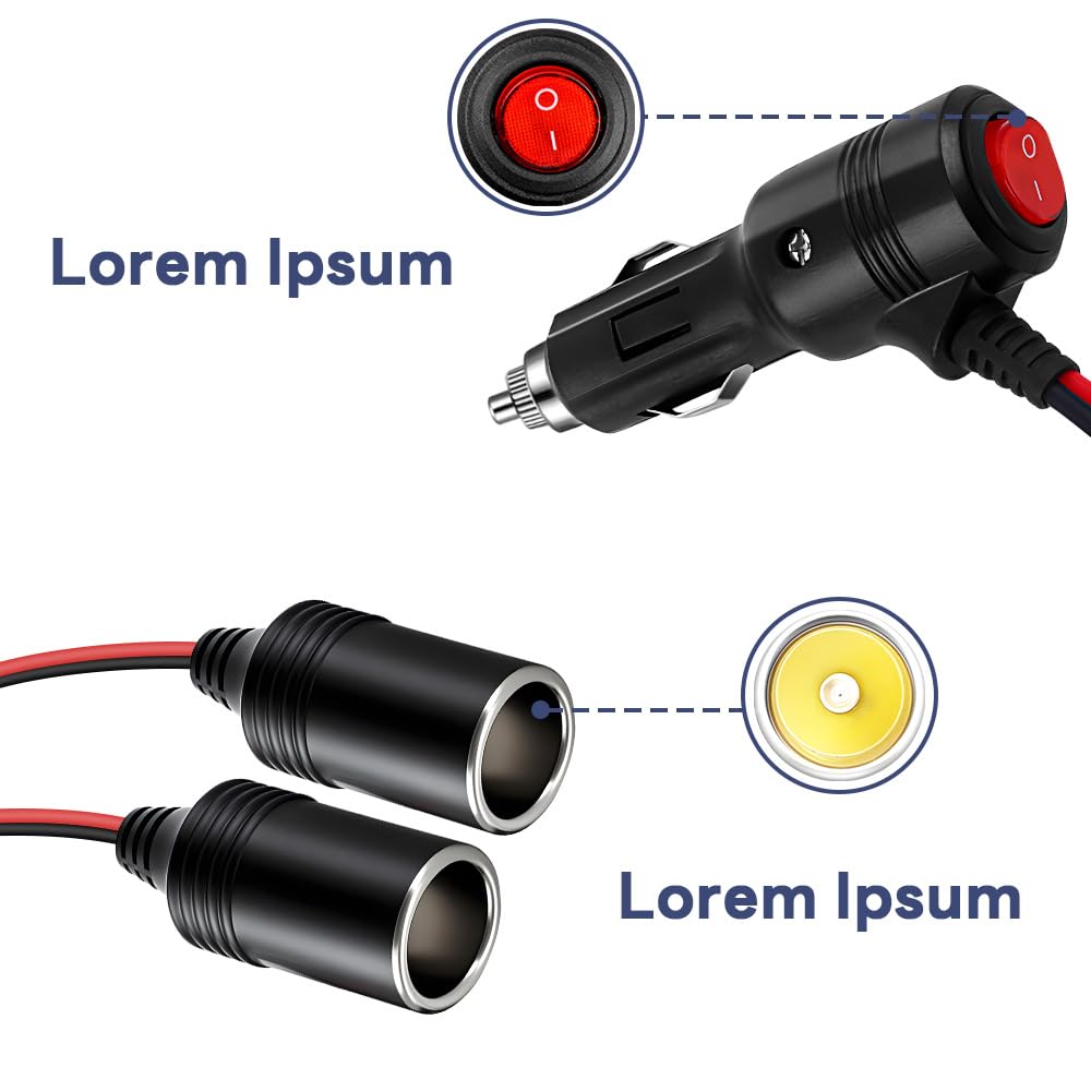 ROÉKO 12V Car Cigarette Lighter Splitter Adapter, 1 to 2 Ports, On/Off Switch, 15A Fuses for 12/24V Vehicles, Black