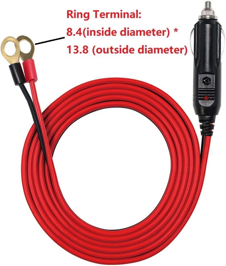 Kuncan Male Cigarette Lighter To O Ring Terminal Harness Extension Cable - 12V-24V Power Supply Cord Adapter Fuse 15A 16Awg Cabl