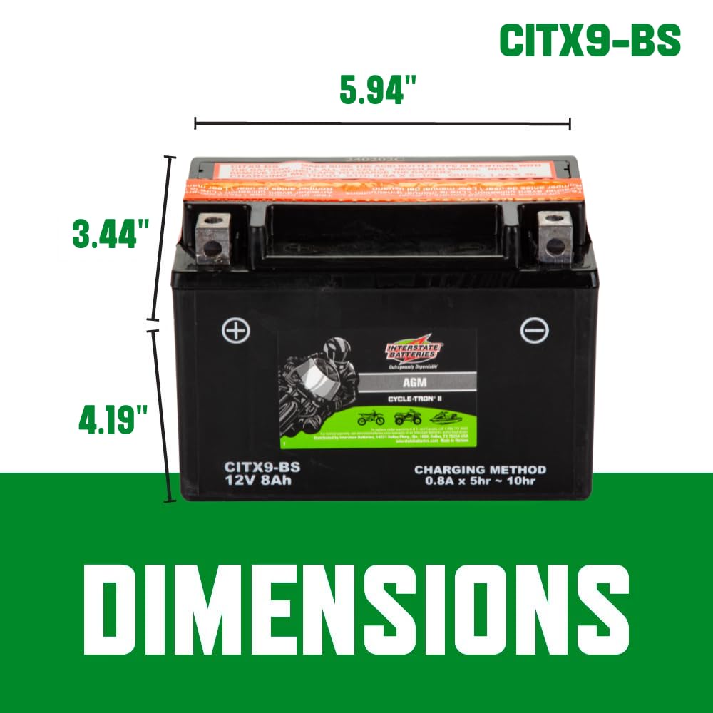 Interstate Batteries Ytx9-Bs 12V 8Ah Powersports Battery 130Cca Agm Rechargeable Replacement For Bmw, Honda, Kawasaki Motorcycle