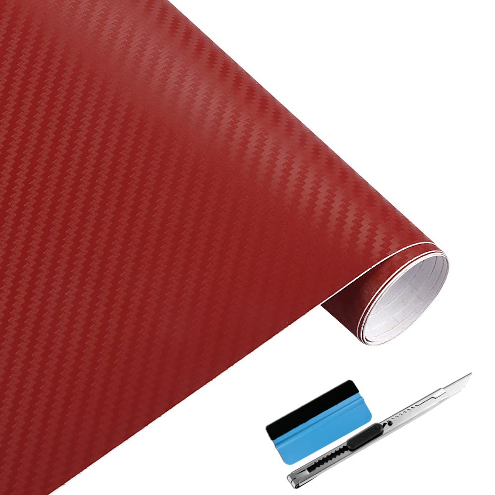 Lzlrun 3D Red Carbon Fiber Vinyl Wrap - Outdoor Rated For Automotive Use - 1.5Ft X 5Ft Knife + Hand Tool