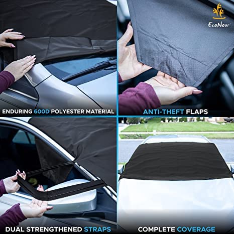 EcoNour Snow Cover - Black (XL) with Side Mirror Cover + Wiper Cover | 600D Oxford Fabric Frost Cover for All Weather | Durable