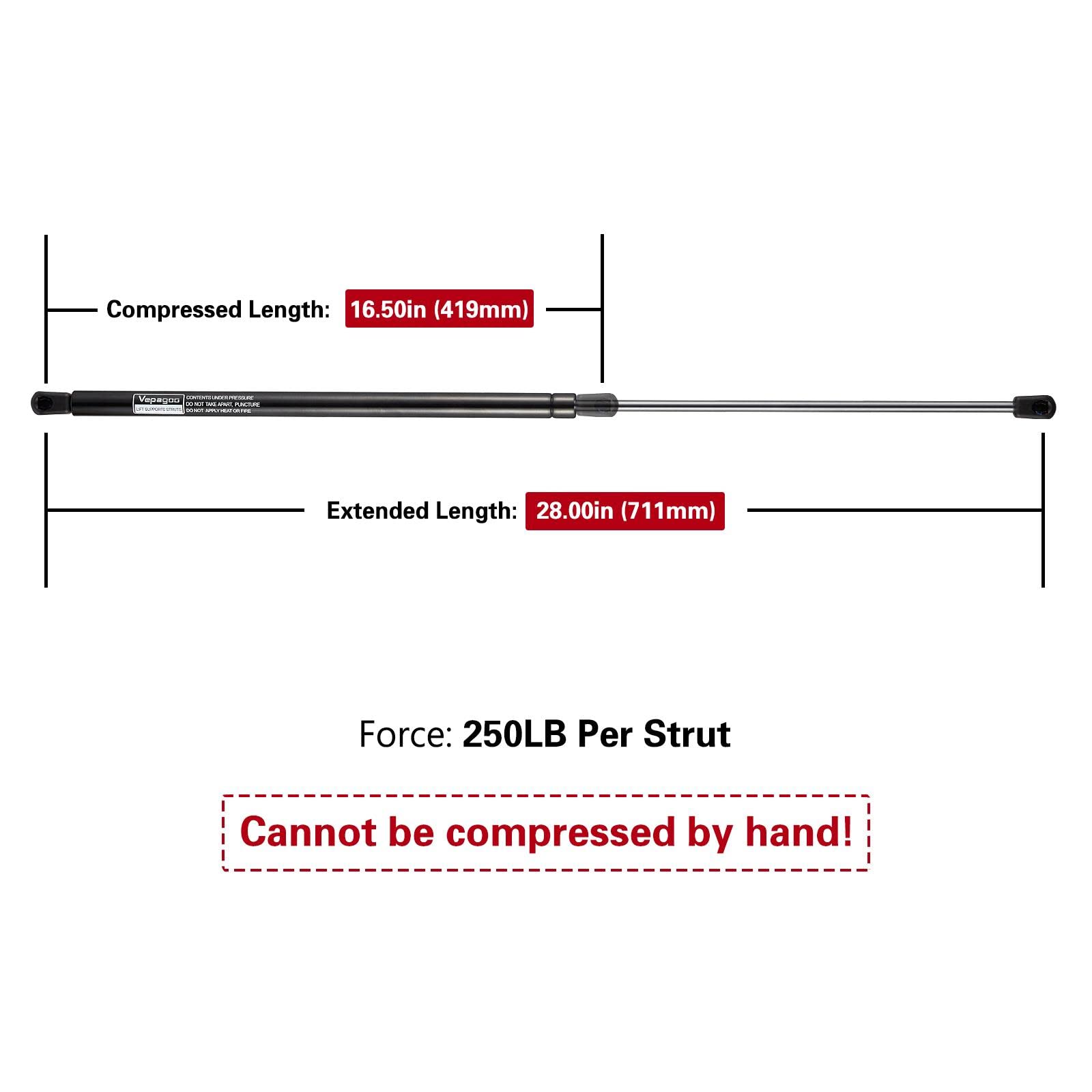 Vepagoo 28In 250Lb/1112N Heavy Duty Lift Support Gas Shock Strut Spring For Truck Bed Tonneau Cover Trailer Cap Camper Shell Top