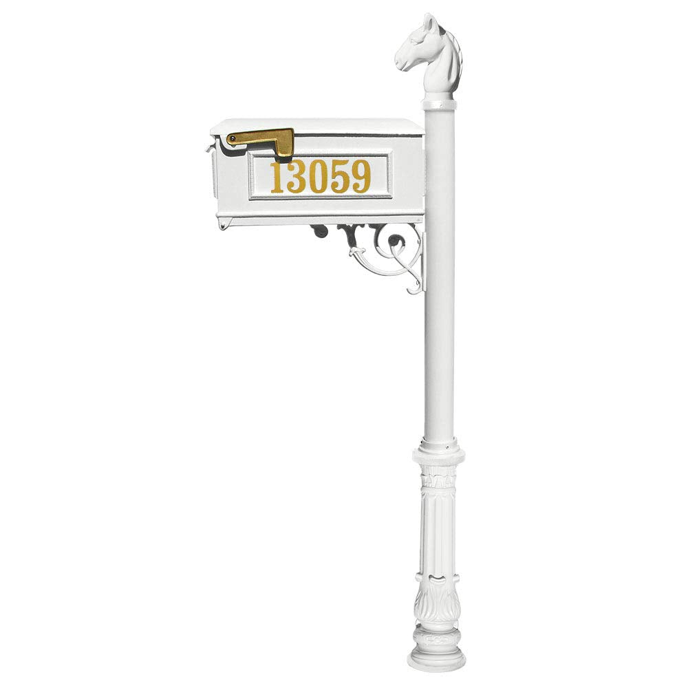 Lewiston Equine Mailbox Post System with Decorative Ornate Base, Horsehead Finial and Gold Vinyl Personalized Numbers, White