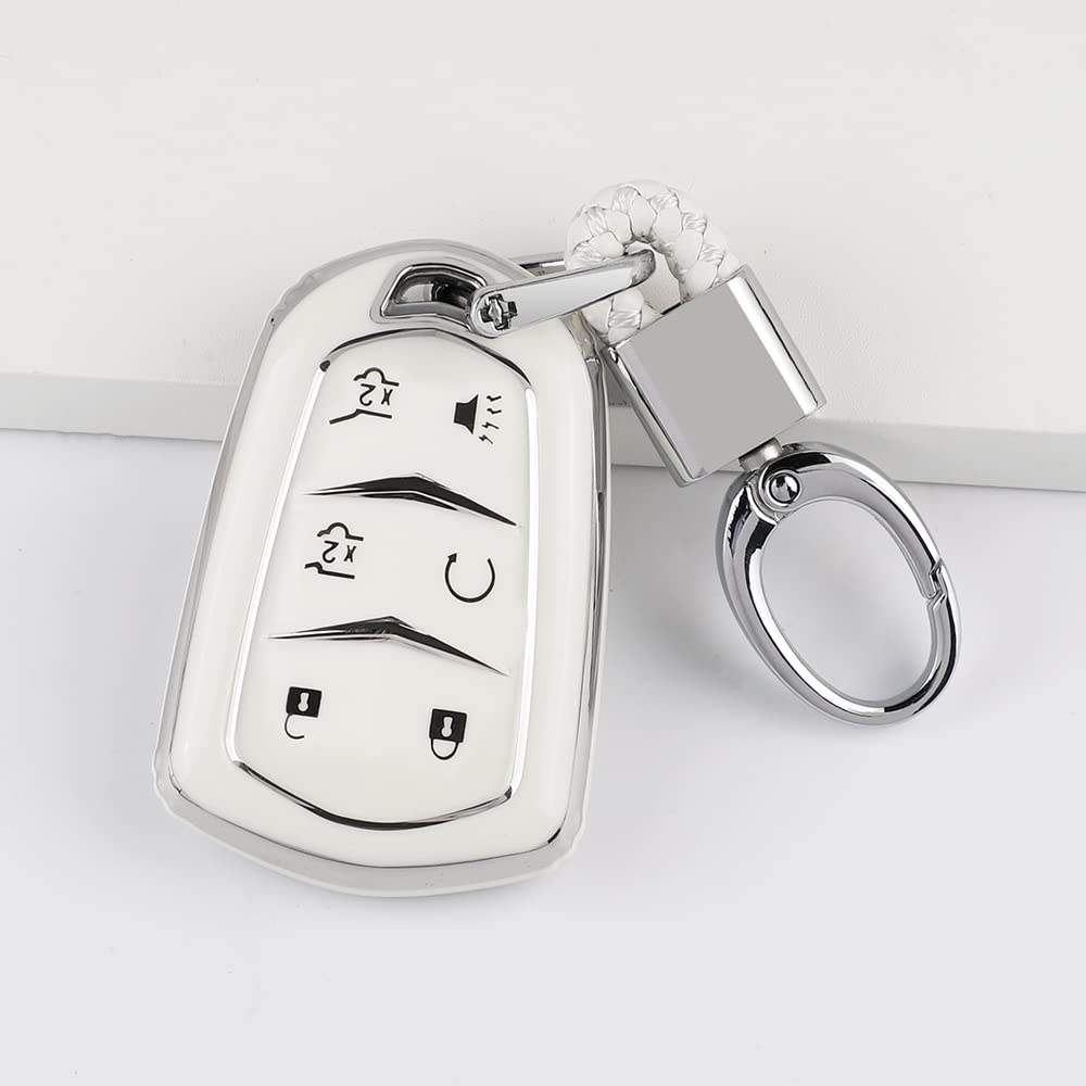 1797 Key Fob Cover For Cadillac Escalade 2015 - 2020 Accessories Car Remote Key Chain Case Shell Protector 6 Button White Silver Tpu