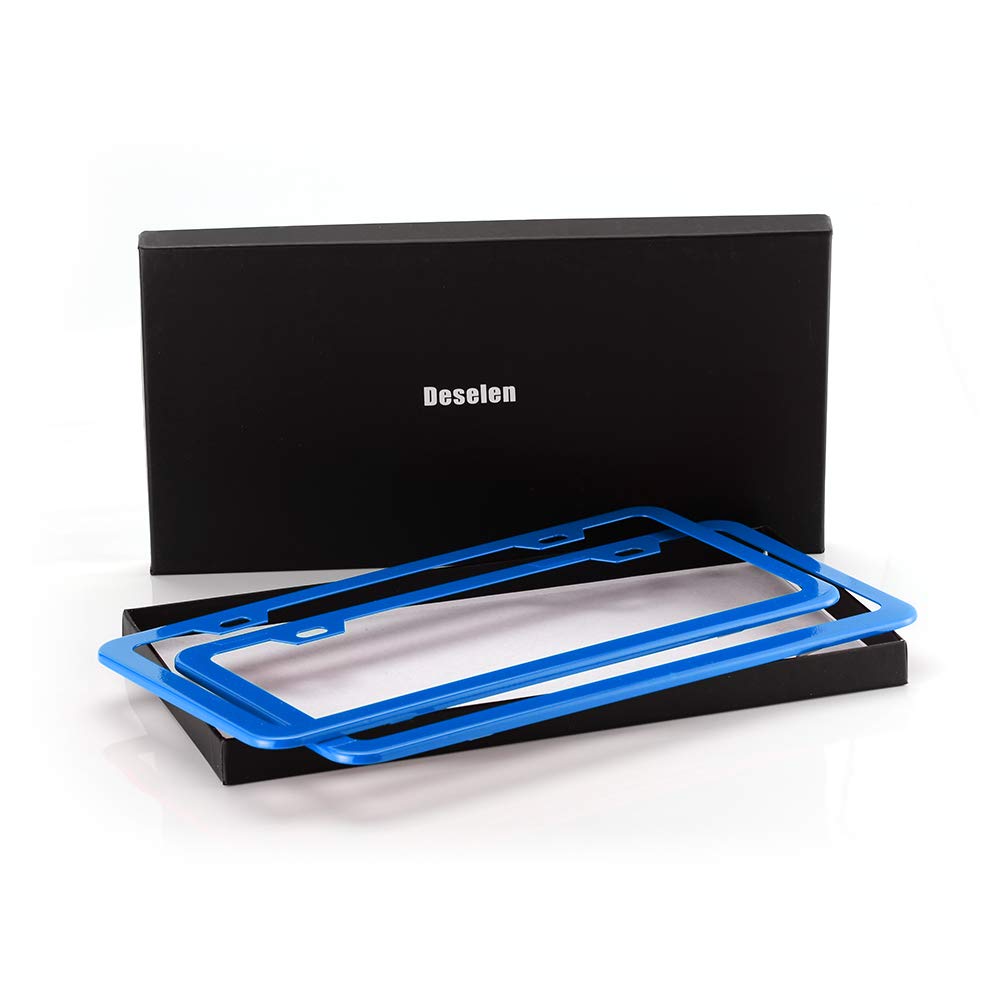 Deselen Blue License Plate Frame, Metal Thin Stainless Steel With 2 Holes Screw Cap, 2 Pack (Blue)