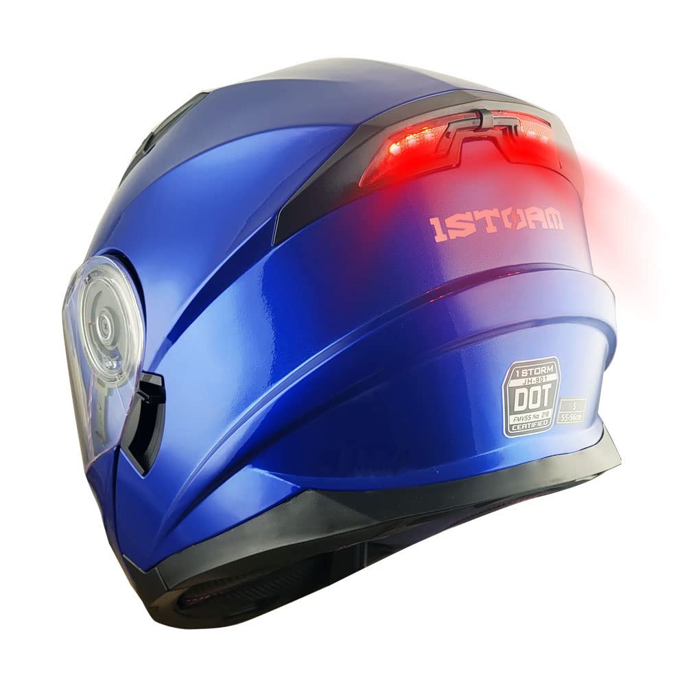 1Storm New Motorcycle Bike Modular Full Face Helmet Dual Visor Sun Shield With Rechargeable Led Tail Light: Glossy Blue