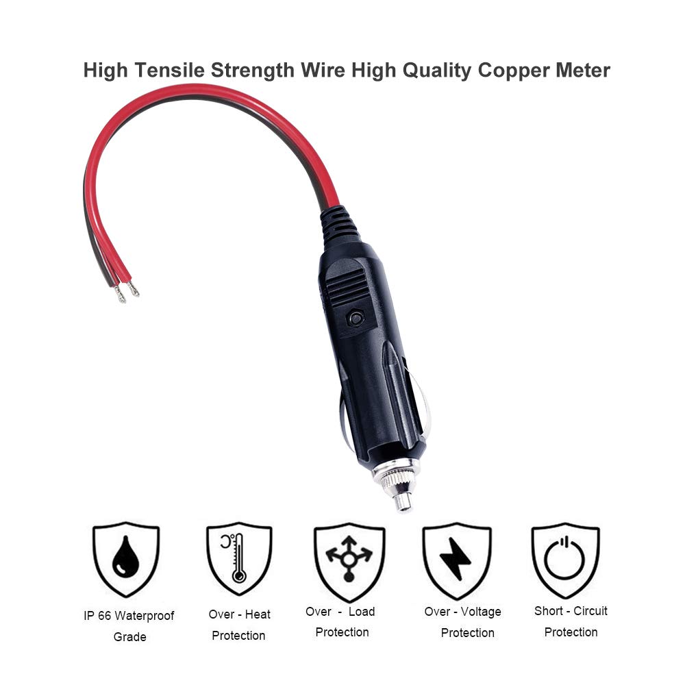 12V Replacement Cigarette Lighter Male Plug With Lead - 12V 15Amp Fused Replacement Cigarette Lighter Male Plug With Led Light,