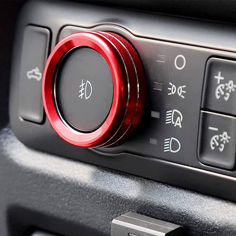 Keptrim For Ford F150 2021 2022 2023 Knob Air Conditioner Switch & Trailer & 4Wd & Vol & Headlight Button Ring Trim, Red Aluminum, 7Pcs