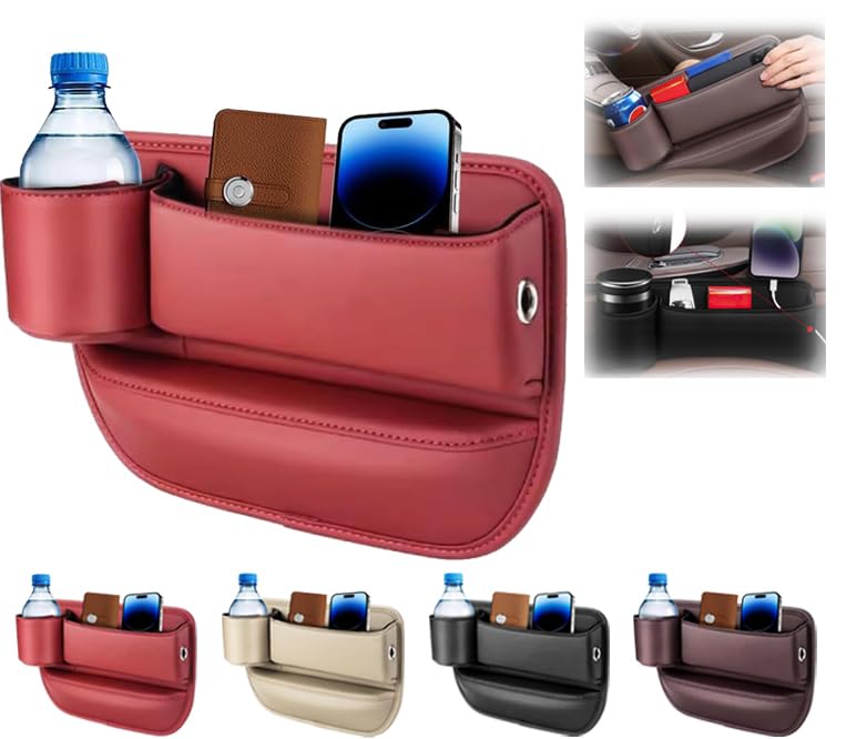 Car Leather Cup Holder Gap Bag, Car Seat Gap Filler Organizer with Water Cup Holder and Phone Charging Hole, Adjustable Leather 