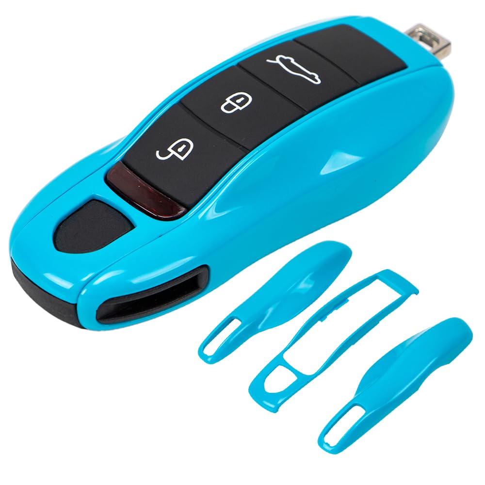 Aerobon 3-Piece Painted Key Cover Compatible With Porsche, Key Fob Shell Cover Replacement (Miami Blue)