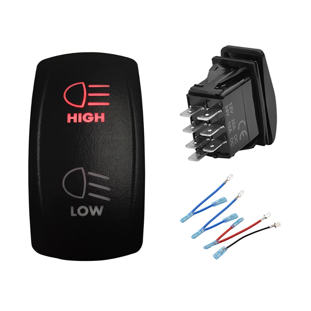 Bacautoparts 12V 24V Red High Low Beam Headlight Rocker Switch With Wires 7Pin On-Off-On Dpdt 3 Way Toggle Switch For Car Truck Can Am Commander Suv Off Road Vehicle Rzr Dash Replacement Switch