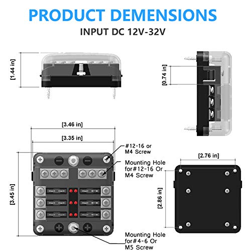 6 Way 12V Fuse Box 12Volt Blade Fuse Block, 6 Circuit W/Negative Bus Waterproof Fuse Box With Led Indicator For 12V/24V Automoti