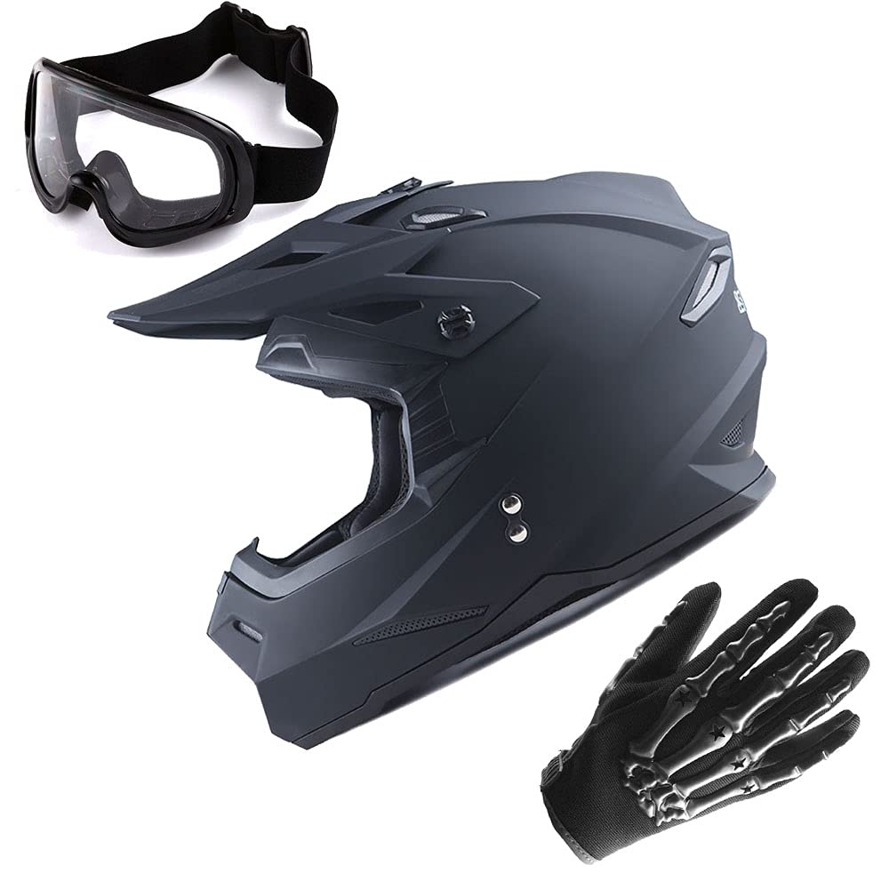 1Storm Motocross Adult Helmet Bmx Mx Atv Dirt Bike Helmet Matt Black  Goggles  Skeleton Black Glove Bundle