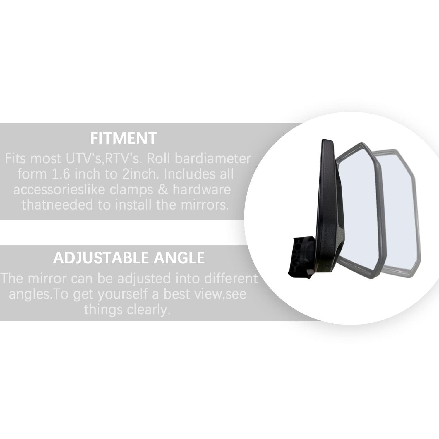 Universal Offroad UTV Rear View Side Mirror for Pioneer Polaris 900 1000 Kawasaki Can Am John Deere with 1.6'' - 2'' Roll Cage B