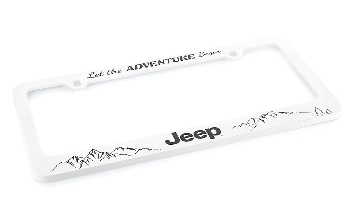 Jeep Let The Adventure Begin Wordmark Uv Printed White Plastic License Plate Frame Holder