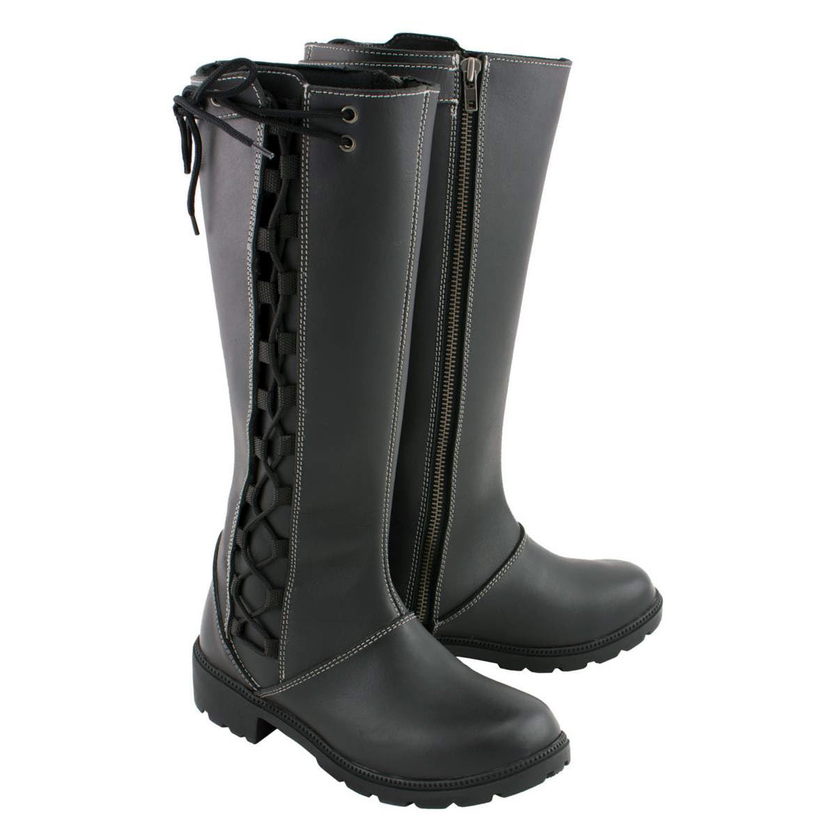 Milwaukee Leather MBL9370 Women's Black 17-Inch Lace Side Leather Boots with Contrast White Stitching - 6.5