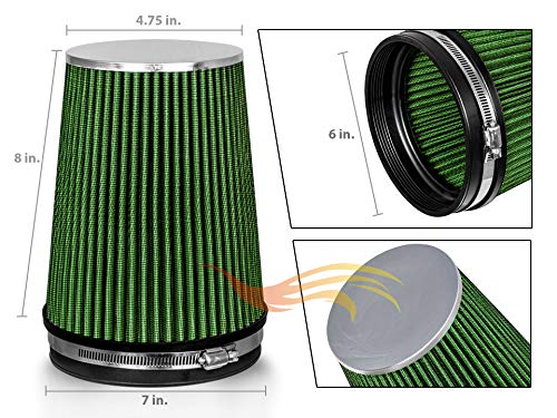 Rtunes Racing Cold Air Filter, 6" Inlet, Green, Stainless Steel, Model AFL6GN, Washable, Clamp-On, 8" Tall, Truck Performance