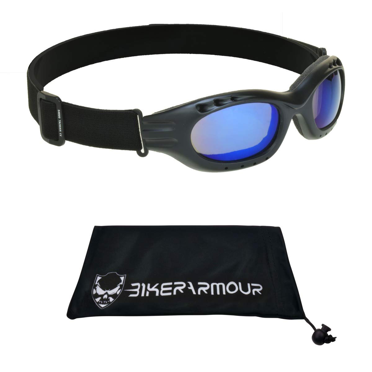 Bikershades Motorcycle Goggles Sunglasses Mirrored Blue Lens Black Strap Foam Cushion Adjustable Strap Ski Sky Diving