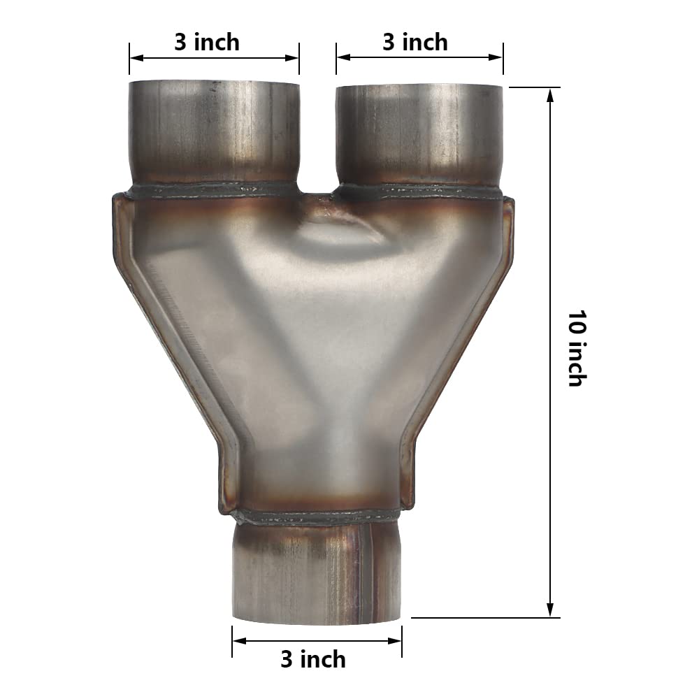 A-Karck Exhaust Y Pipe 3'' Inlet, Stainless Steel 10'' Long Dual 3'' Outlet Y Pipe Withstands High Temperatures (Wide-Body)