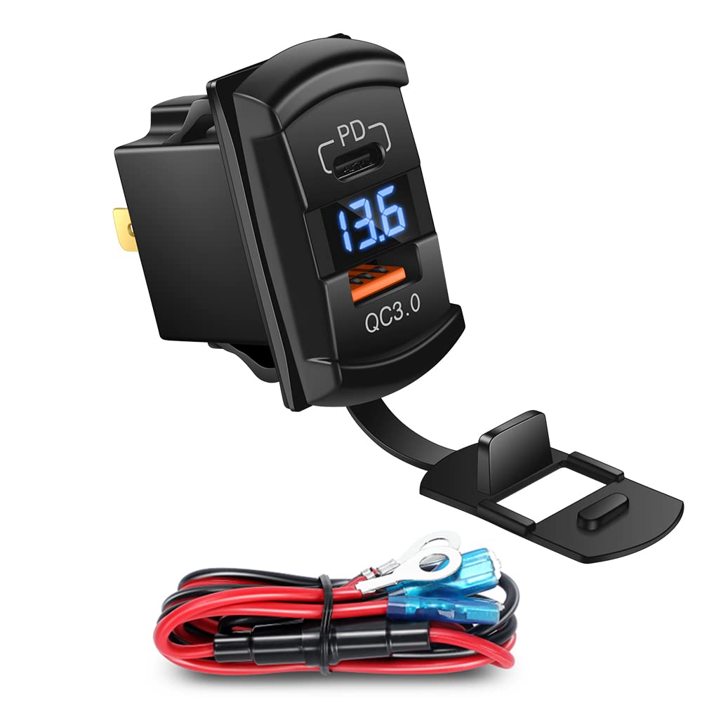 Cnaodun Usb Rocker Switch Usb C Charger Socket With Waterproof Cover Dual Pd And Qc3.0 12V/24V Blue Led Voltmeter For Rocker Typ