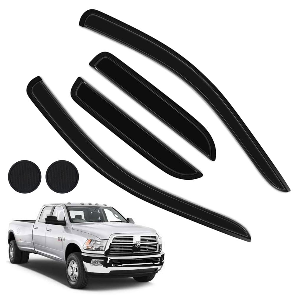 Rain Guards For Dodge Ram 1500 2002-2008 + Dodge Ram 2500 3500 Quad Cab 2003-2009, Tape-On Side Window Deflectors For Ram, Windo