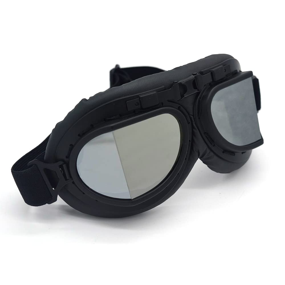 Kucehiup Vintage Aviator Goggles Motorcycle Goggles (Black Frame Silver Lenses)