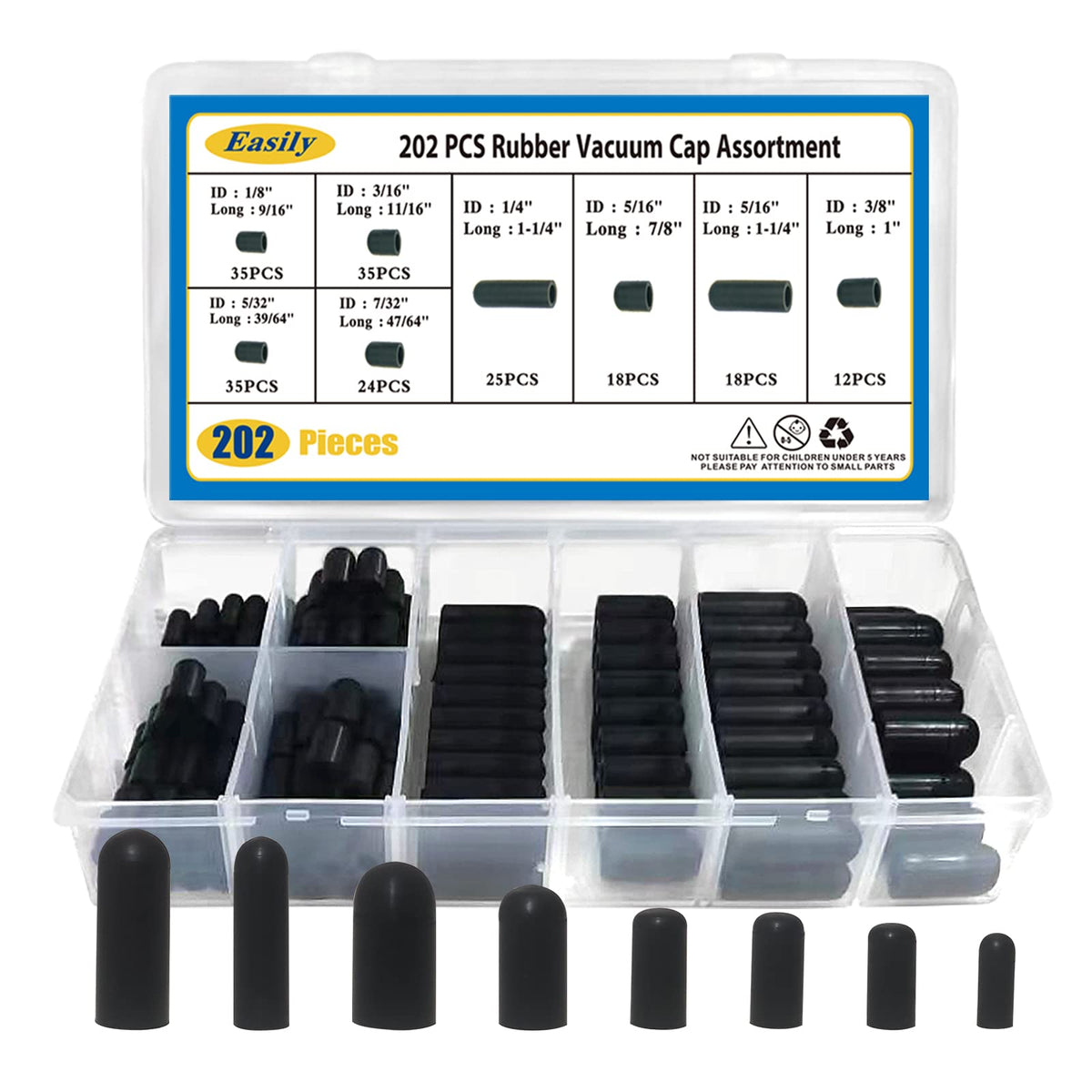 Vacuum Caps Rubber Plug Kit - 202 Pcs 8 Size Assorted Vacuum Plugs Hose End Caps Assortment Kit For Carburetor, Manifold, Automotive 3/16'' 5/16 7/32 1/4 5/32'' 3/8'' 1/8''