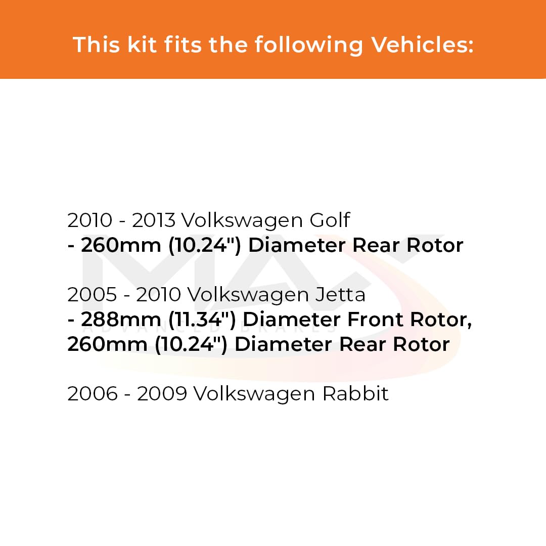 Max Advanced Brakes Front & Rear Brake Kit For 2005-2010 Vw Jetta 2010-2013 Vw Golf W/10.24' Rear Rotor Vw Rabbit Replacement Cross Drilled Disc Brake Rotors And Ceramic Brake Pads
