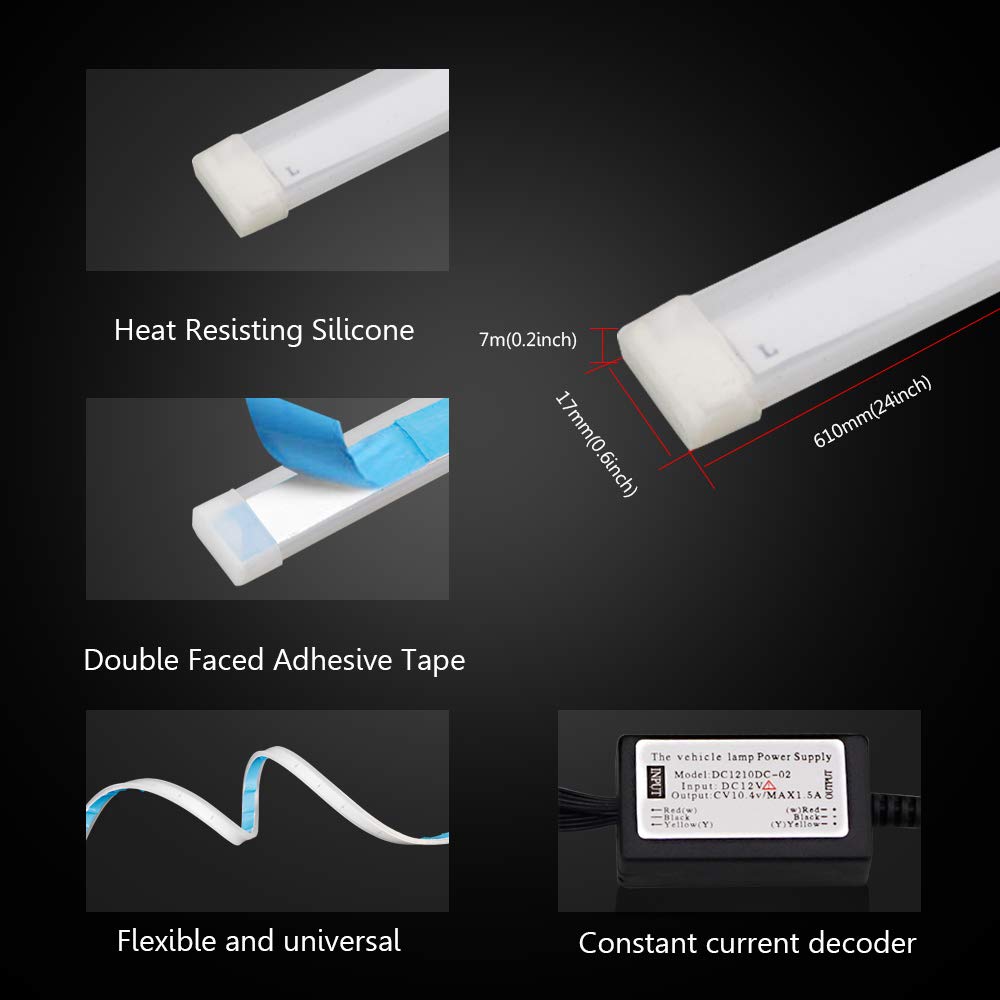 Leadtops Flexible Led Light Strip 2 Pcs 24 Inch Dual Color Led Headlight Surface Strip Tube Light White & Amber Daytime Running