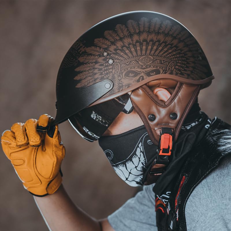 Motorcycle Half Helmet Sun Visor Quick Release Buckle Dot Approved Half Face Helmets For Men Women (F02-Indian, M)