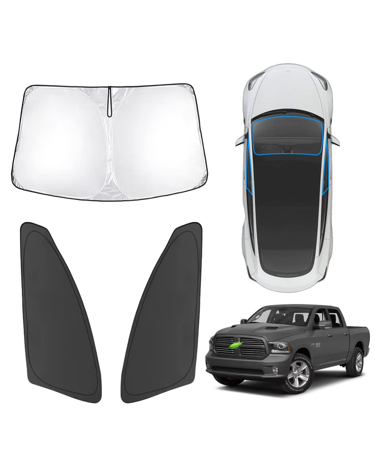 Karltys 3Pcs Windshield Sun Shade For 2011-2018 Dodge Ram 1500 2500 3500, Reflective Front And Side Window Sunshade Custom Fit R