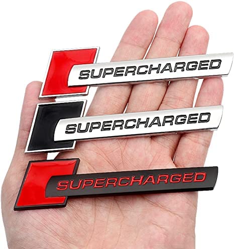 2Pcs Metal Supercharged Logo Car Emblem Premium Auto Badge Rear Trunk Sticker Side Fender Decal (Chrome-Black)