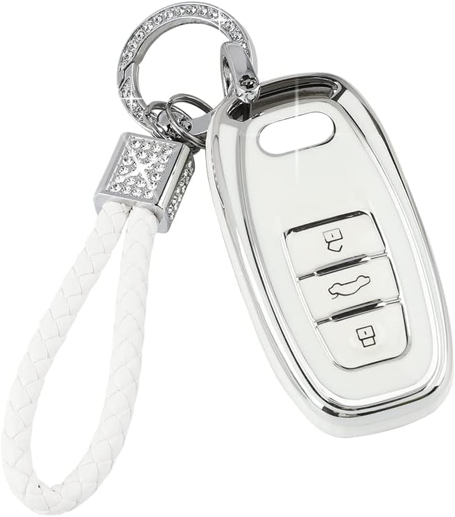 Pifoog Key Fob Cover For Audi 4 Buttons Tpu Soft Keys Case Shell Bling Keychain Car Accessories For Audi Q5 A4 A5 A6 A7 A8 Rs5 Rs7 S4 S5 S6 S7 Sq5 Girly Women White Silver